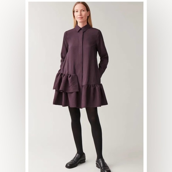 COS Dresses & Skirts - COS frilled shirt dress in deep plum color. Long sleeve button front ruffle. 10